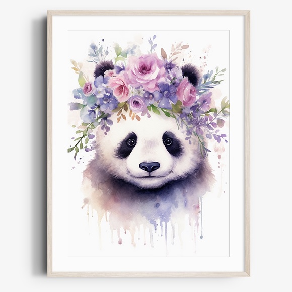 Other - Watercolor Panda Bear With Flowers Portrait Wall Art Illustration Print Unframed